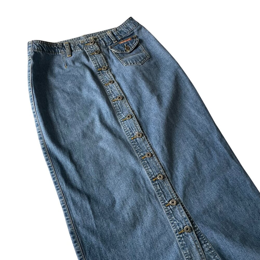 Vtg Y2K Omat Jeans Low Rise Denim Maxi Skirt XS Light Wash Slits Button Front